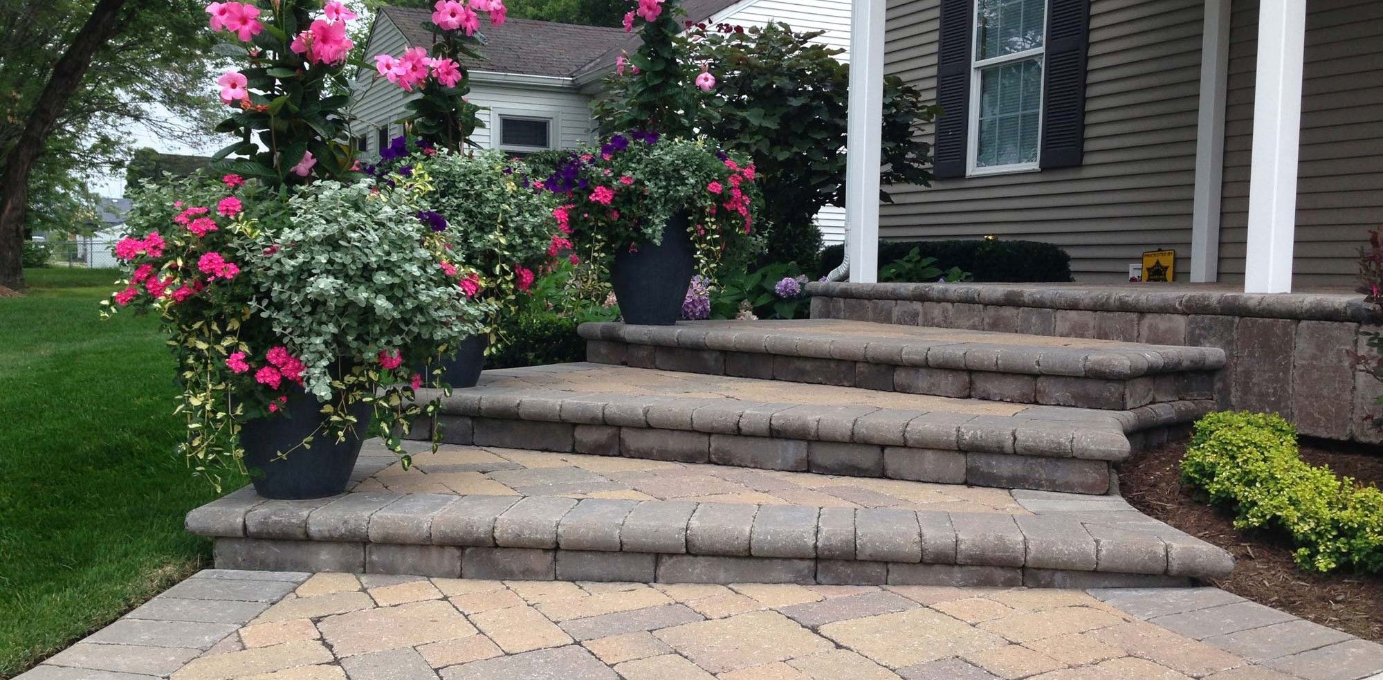 Paver steps with flowering planters.